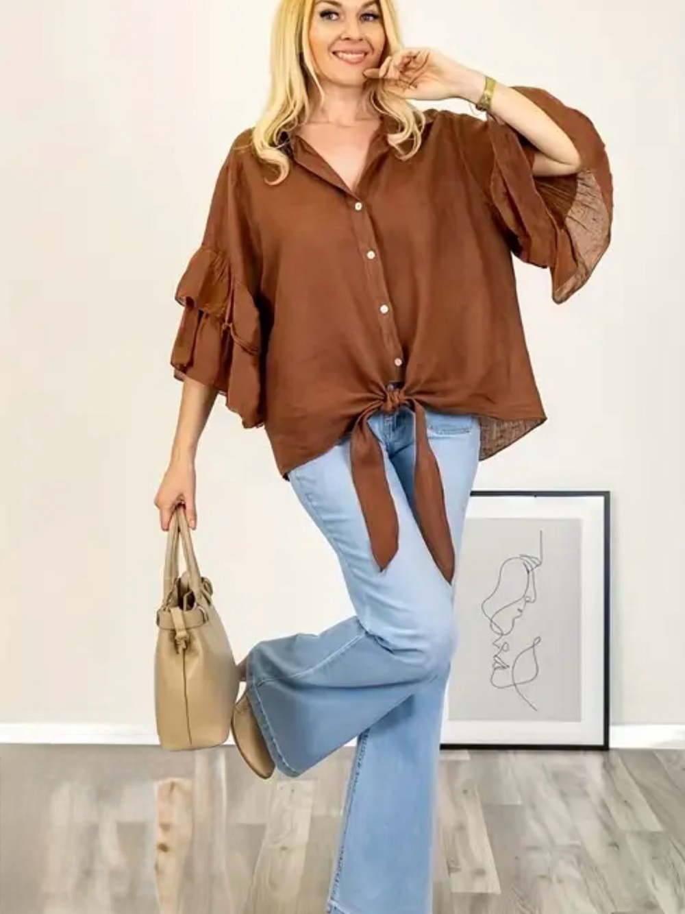 Listicle NWOT Brown Button-Front Tie Hem Ruffle Sleeve Top